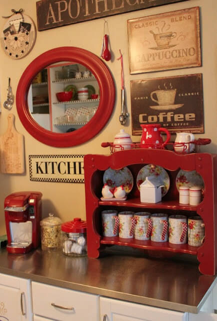 My coffee bar salvaged from the trash where I decorated with lots of red because it's my favorite color.