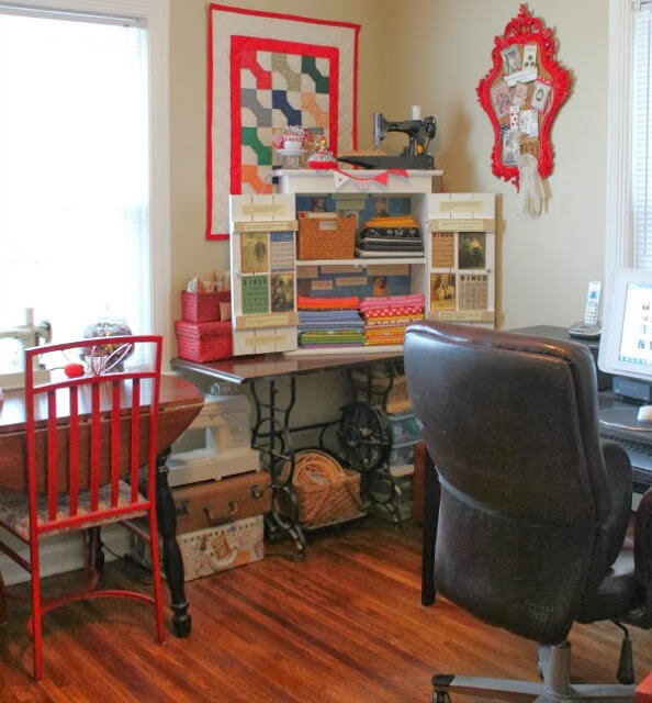 My office slash craft room where I have a desk, sewing machines, and lots of craft supplies. It is where I do decoupage projects.