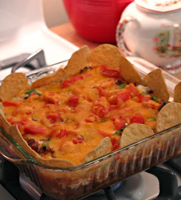 Easy cheese and ground beef Mexican casserole just out of the oven