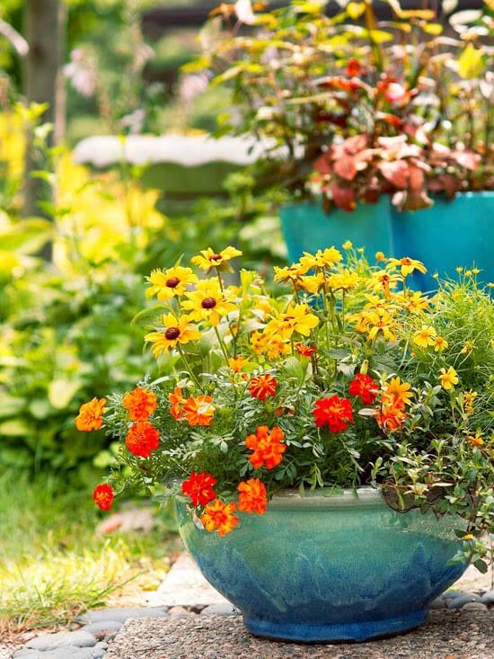A pretty ceramic container with yellow and orange sitting on the ground in gardens to dream about.