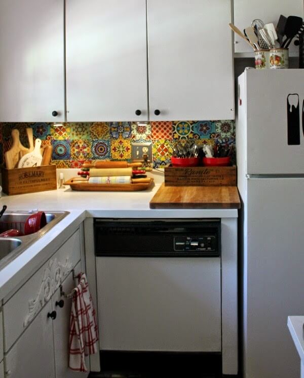 In Before & After Kitchen Photos, this is the second time I redid the kitchen. This time with bohemian backsplash plastic tiles.