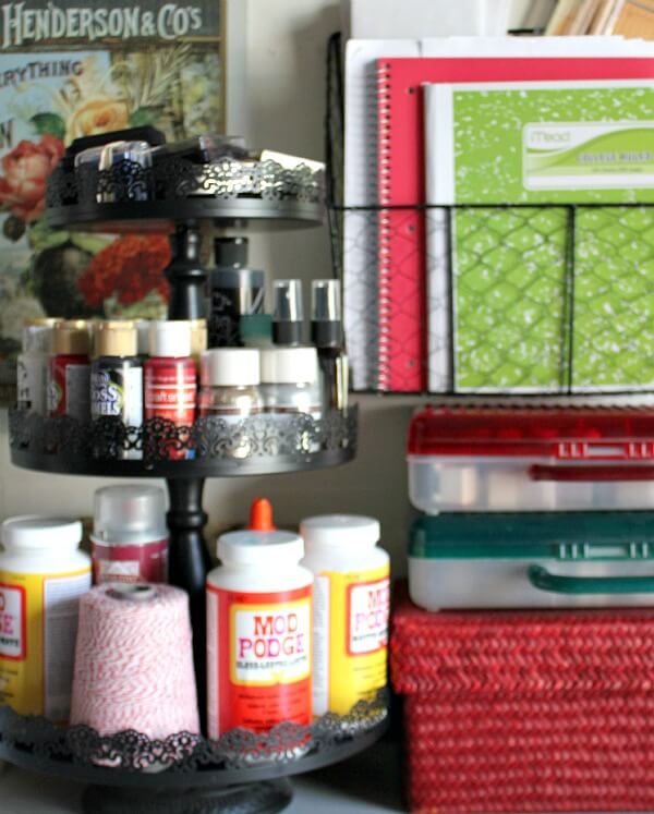 My paints and glues, etc. stored on a three-tiered container