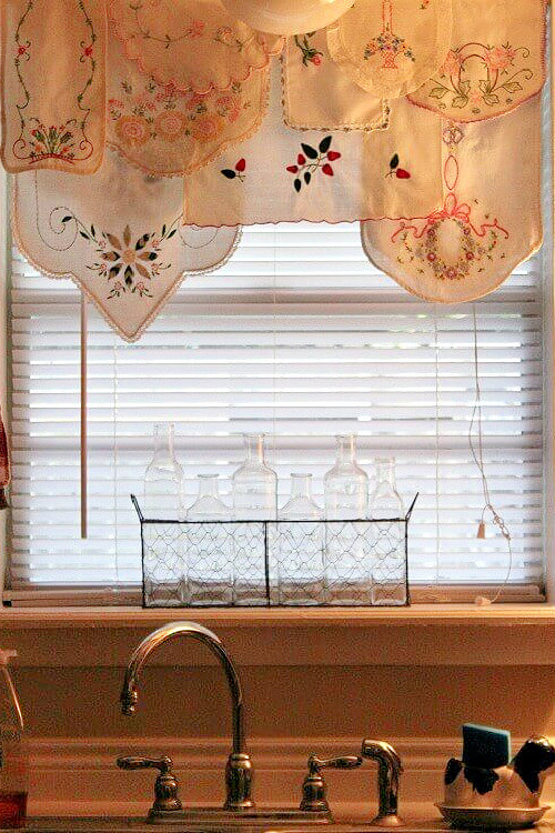 The vintage linens I layered over the kitchen window.