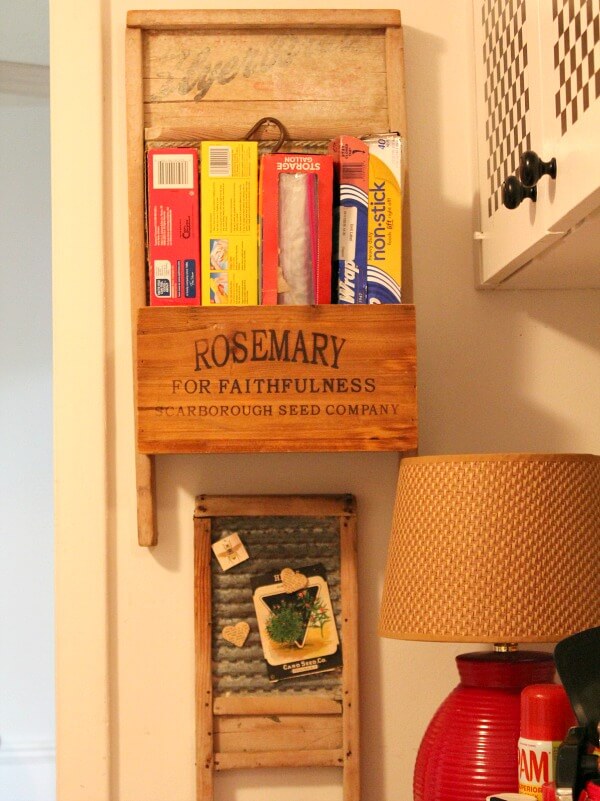 In Storage Project For My Kitchen Wall, here I used an old vintage washboard and a nesting box to create storage for Saran Wrap and aluminum foil, etc.