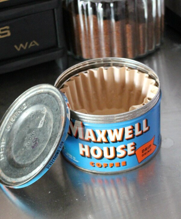 In cleaning your coffee makers, I show my vintage Maxwell House can that I fill with paper filters