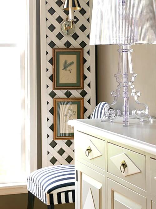 In Small Midwestern Home With European Style, this trellis attached to the wall is a whimsical feature of the room.