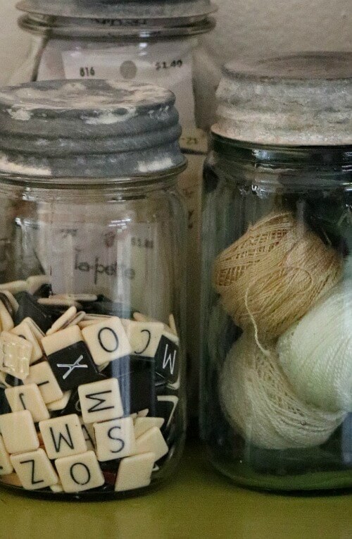 Mason jars of craft supplies