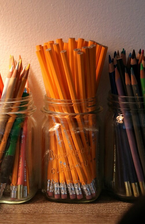 In My Office/Craft Space In My Living Room, these are my organized pencils in clear jars.