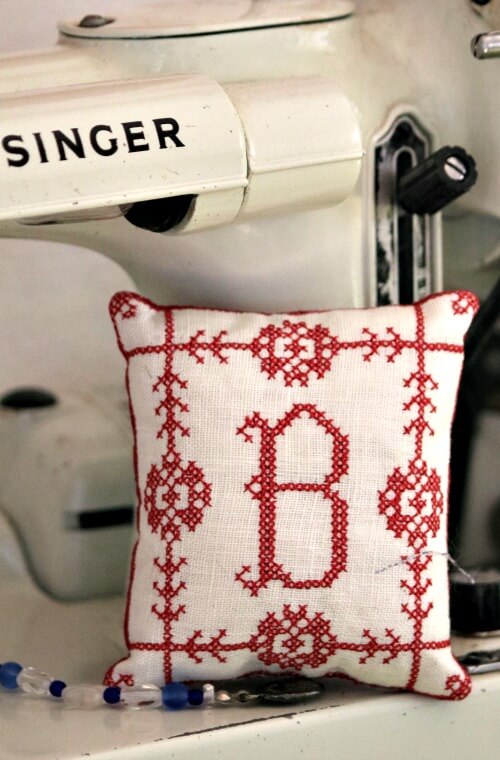 In My Office/Craft Space In My Living Room, my monogrammed pin cushion