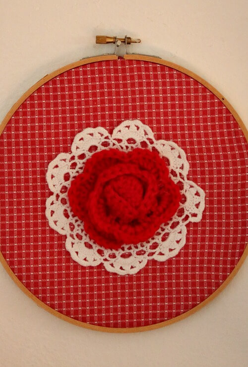 In My Office/Craft Space In My Living Room, red and white embroidery hoop art I made