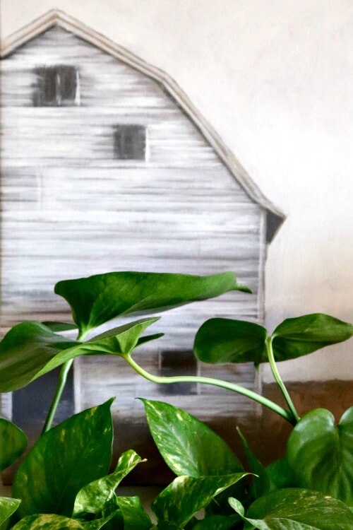 A barn painting with plant in front of it