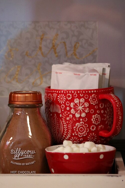 A red and white Scandi mug and cocoa with marshmallows