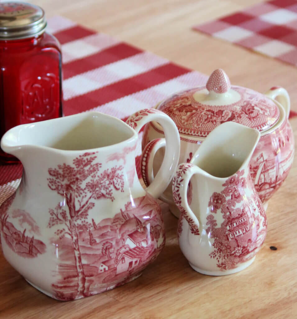 Trio of red transferware on my kitchen table.