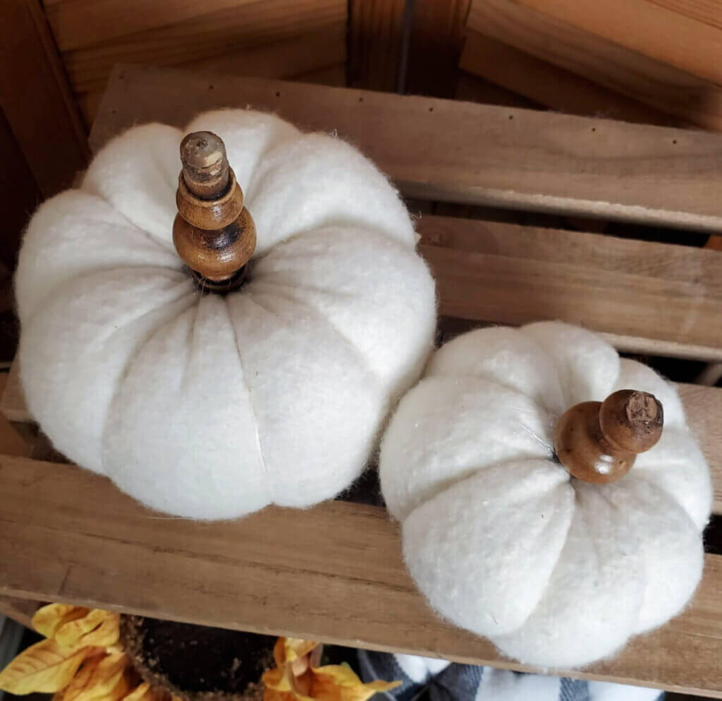 White felted pumpkins with spindle stems for sale for fall