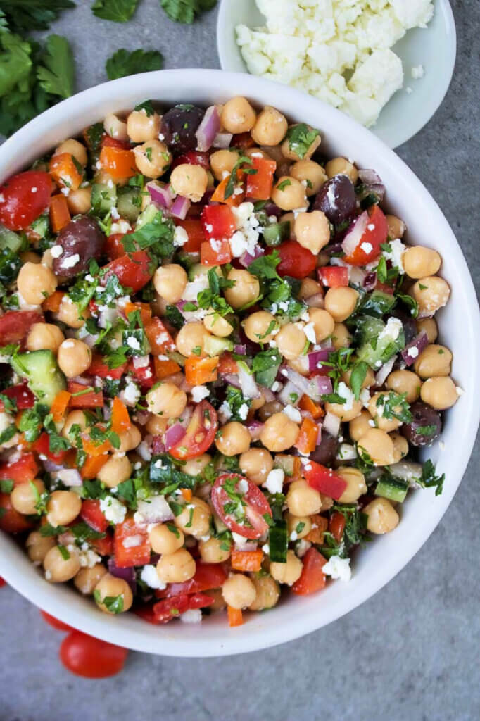 This Mediterranean Chickpea salad will feed a family for lunch or dinner