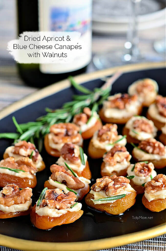 Dried apricot and blue cheese canapes with walnuts