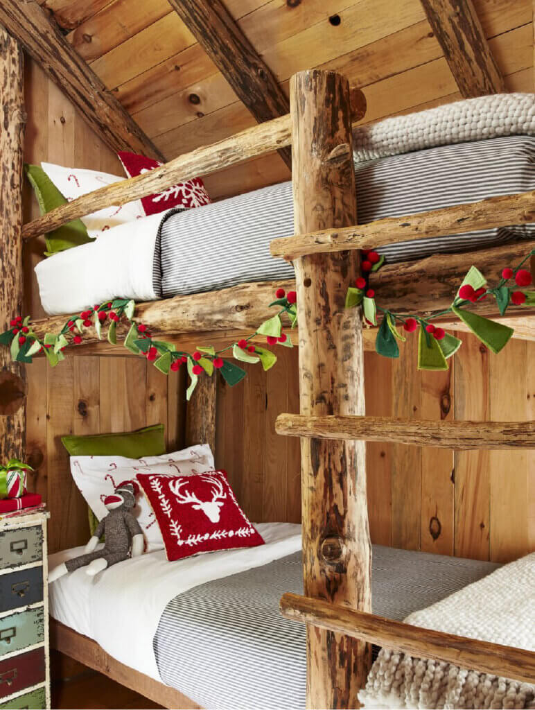 In a Tennessee Log Cabin Christmas the kids sleep on rustic bunk beds.