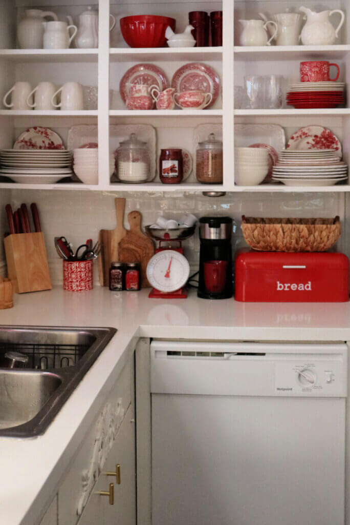 A photo of my open cabinets and all my red and white inside