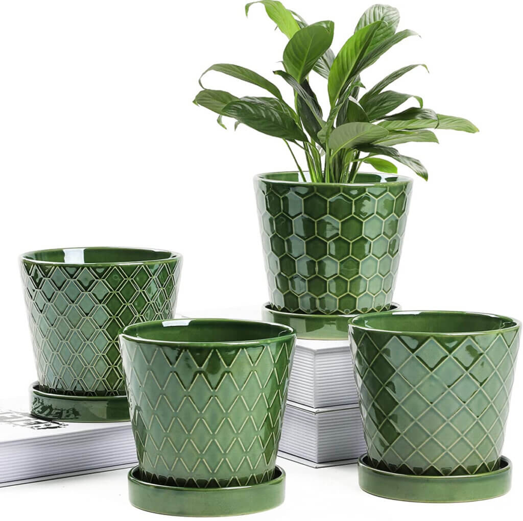 Set of 4 green ceramic plant pots