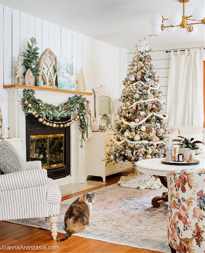A living room decked out for Christmas