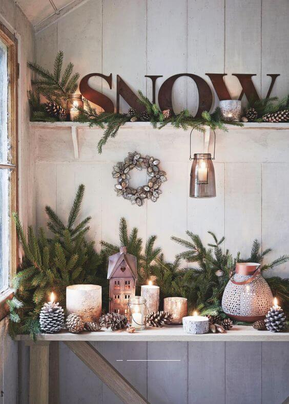 In Easing Into Winter Decorating, a rustic shelf with winter decor