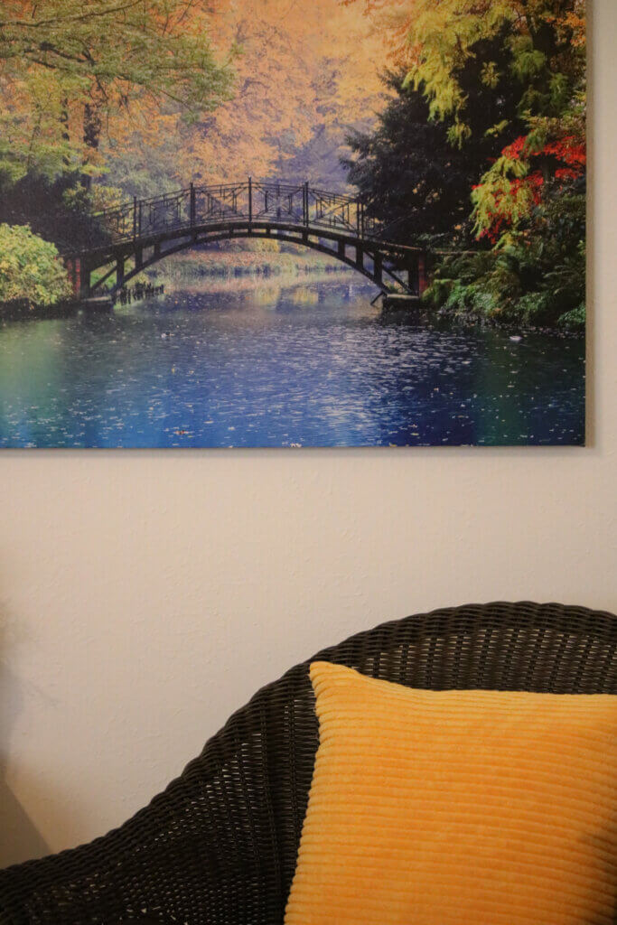 This is a landscape painting I bought from Amazon and a wicker indoor/outdoor chair from Lowes.
