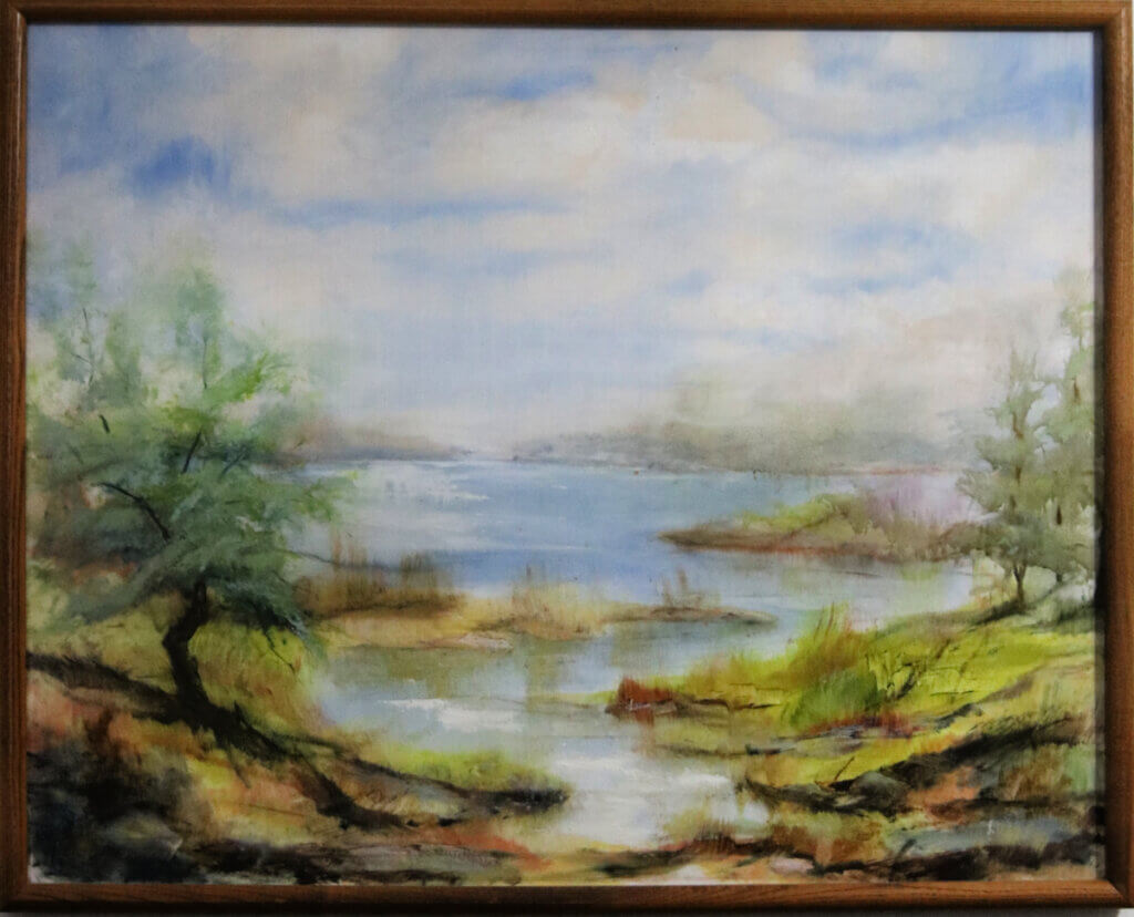 In My Neighbor Ron & His Ships, his wife Pat is also a painter and this is one of her paintings hanging on their wall.