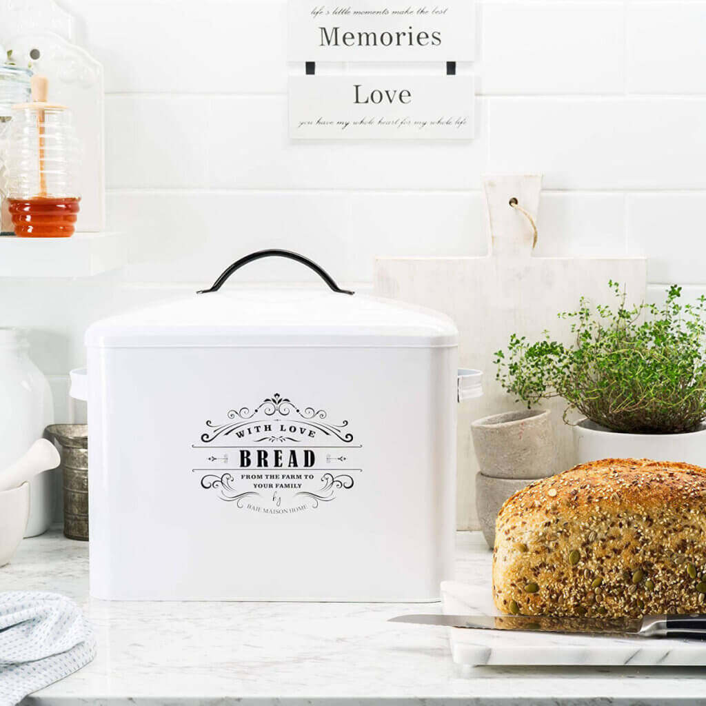 White vintage style bread box with black lettering