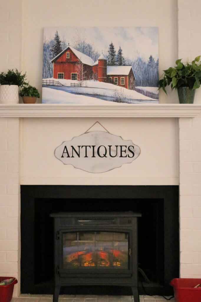 In snow painting in the living room, I placed it on the mantel.