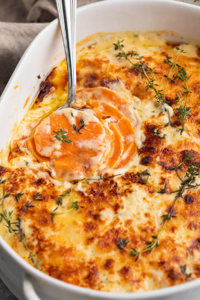 A recipe for creamy scalloped sweet potatoes.