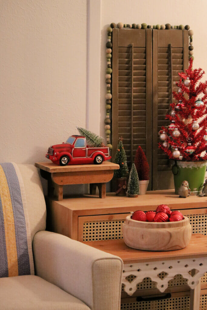 In My Little Red Tree Vignette, this is a Christmas-themed area next to one end of my couch.