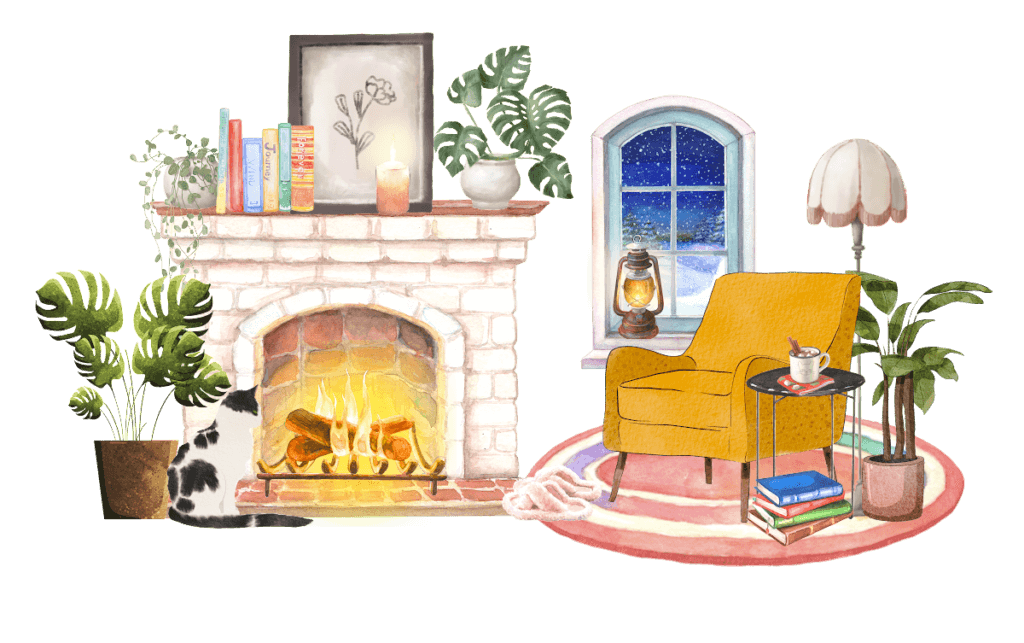 The detailed graphic of a cozy room I created for my new blog, Cozy Little Book Nook. A room that beckons you to sit down with a book and read.