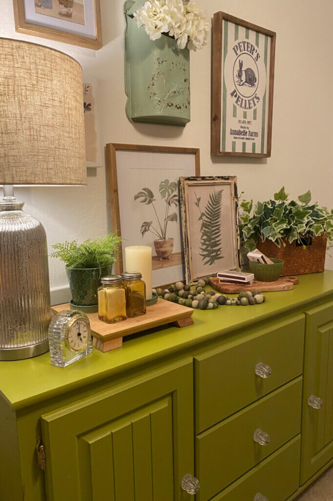My green sideboard dressed up in shades of green decor