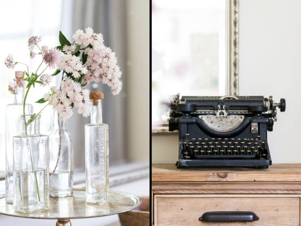 In A Cottage In Karlshamn, Sweden, the photo shows vintage bottles filled with flowers and an antique typewriter