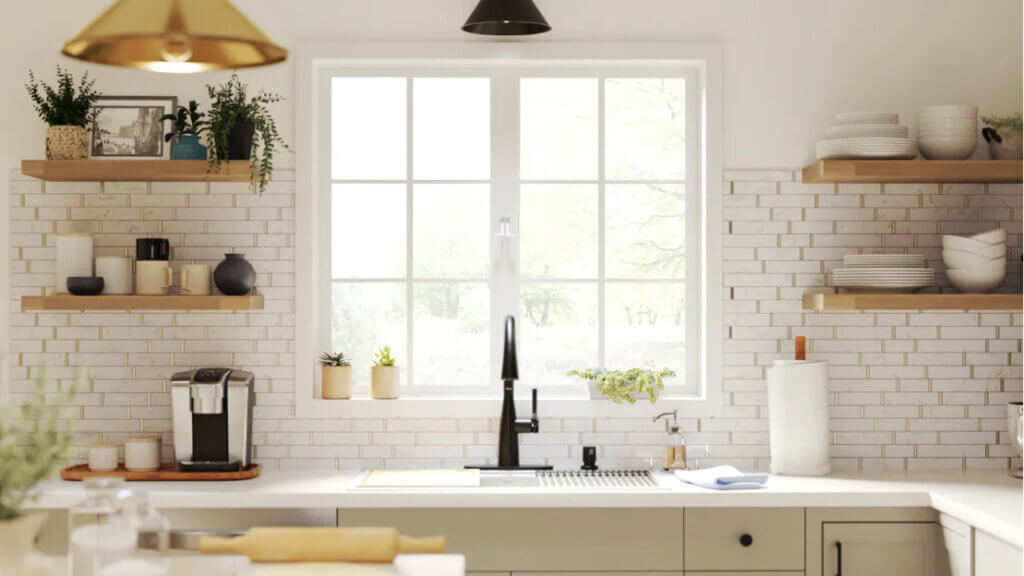 This kitchen has beautiful subway tile with wall shelves instead of upper cabinets