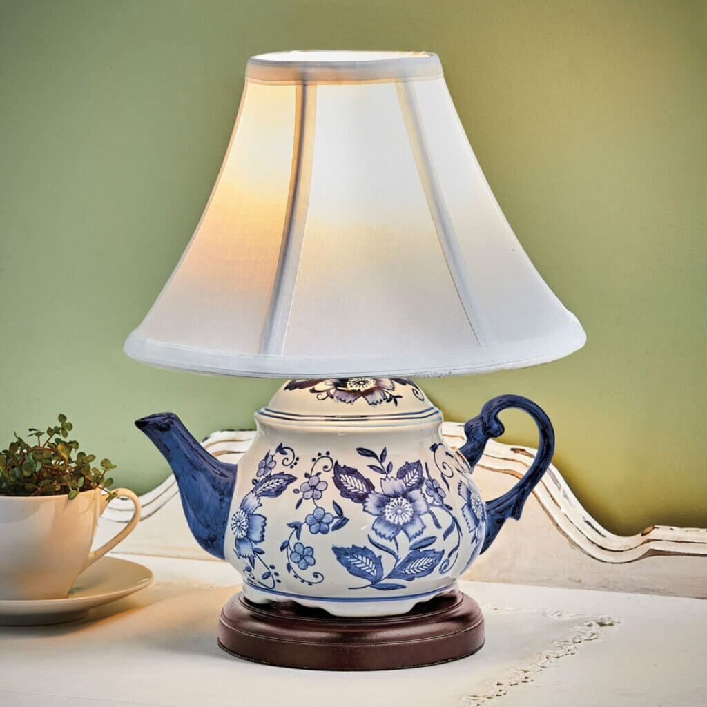 In Small Lamps In Kitchens, this is a blue and white teapot lamp