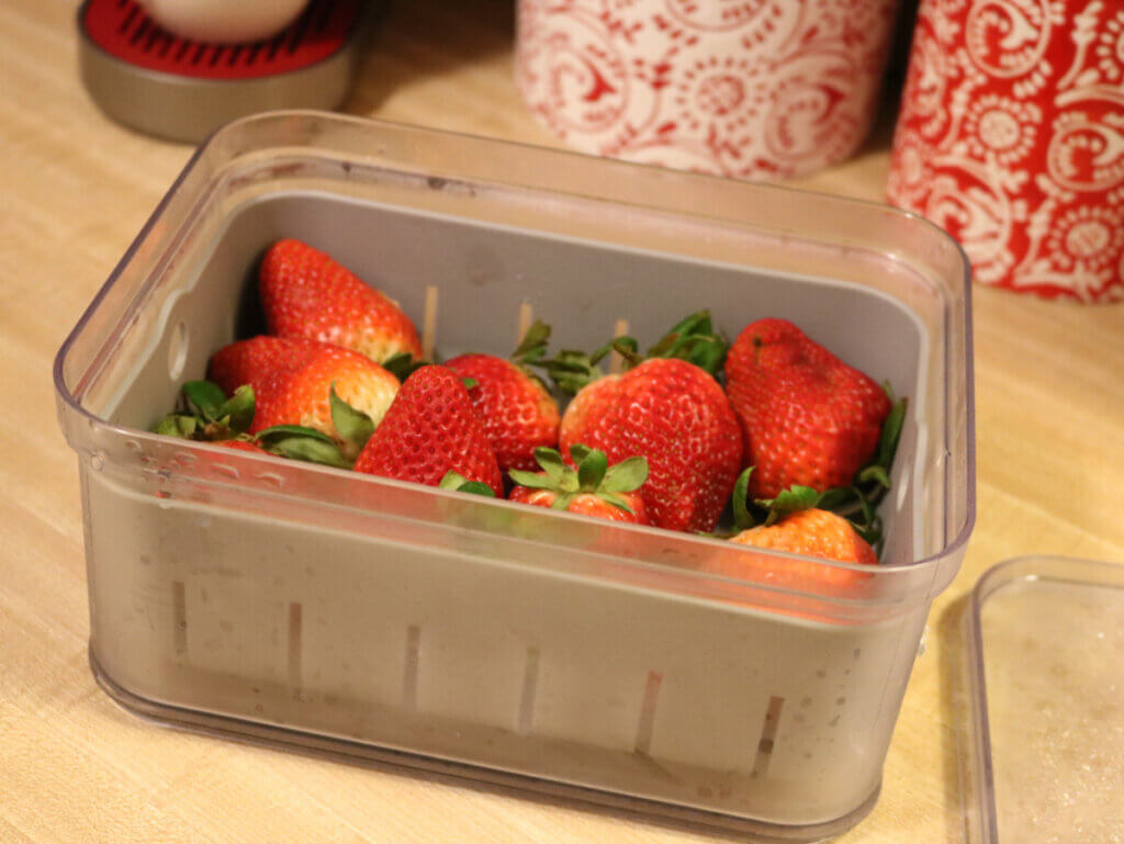 Strawberries kept in a fruit container that is lifted up off the bottom keeps food fresher longer