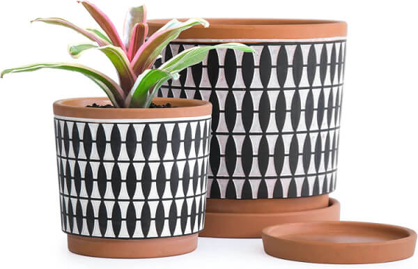 Black, white and terracotta set of 2 plant pots