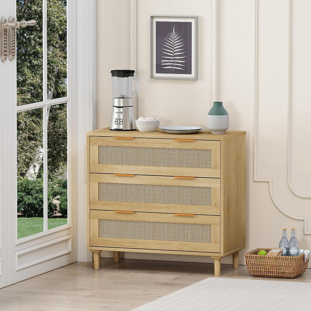 A boho style dresser with caning in the drawers