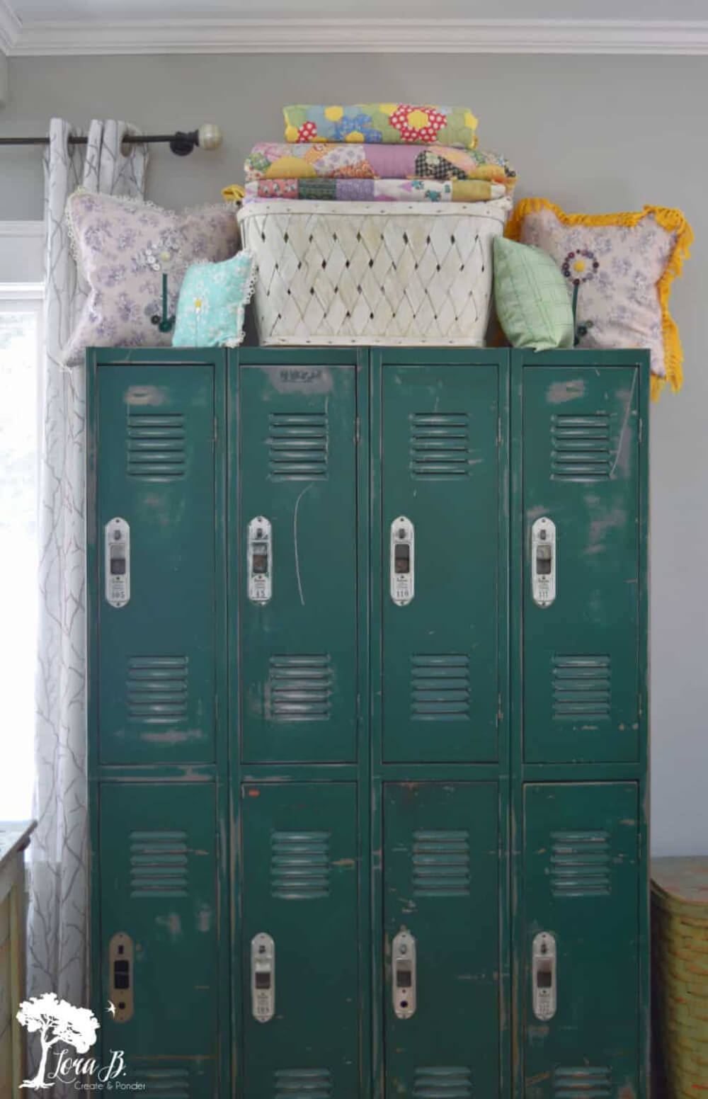 In Repurposing & Decorating With Vintage Linens, these are old school lockers with a vintage basket on top and vintage linens