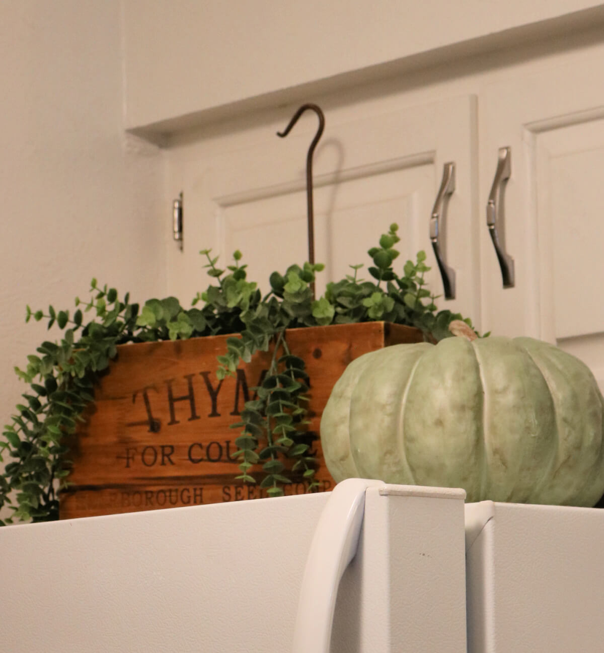 A green pumpkin and Thyme box of greenery atop the refrigerator