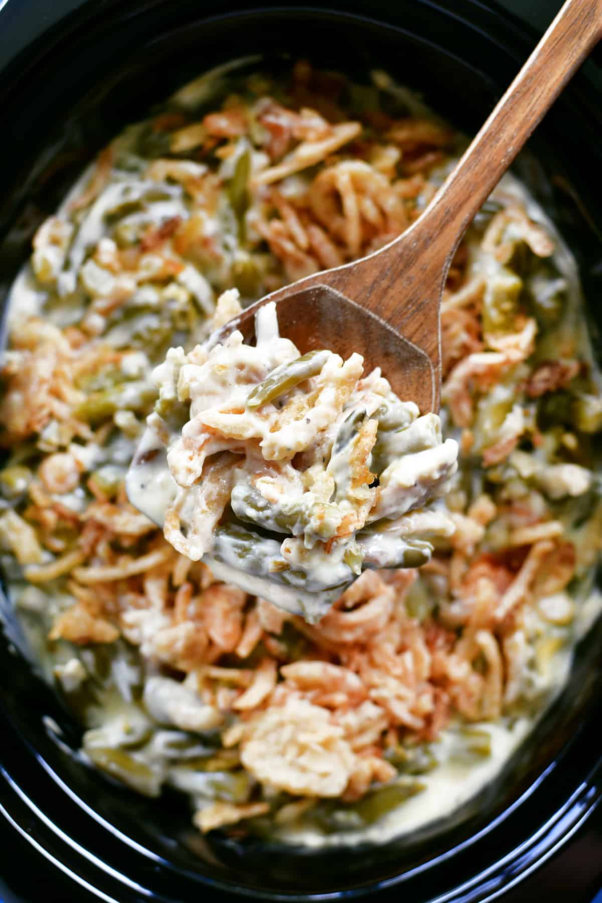 Green bean casserole cooked in the crock pot