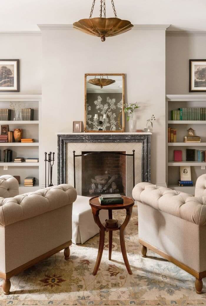 In Ideas For Small Living Room Furniture Placement, there are Two chairs angled in front of a fireplace.