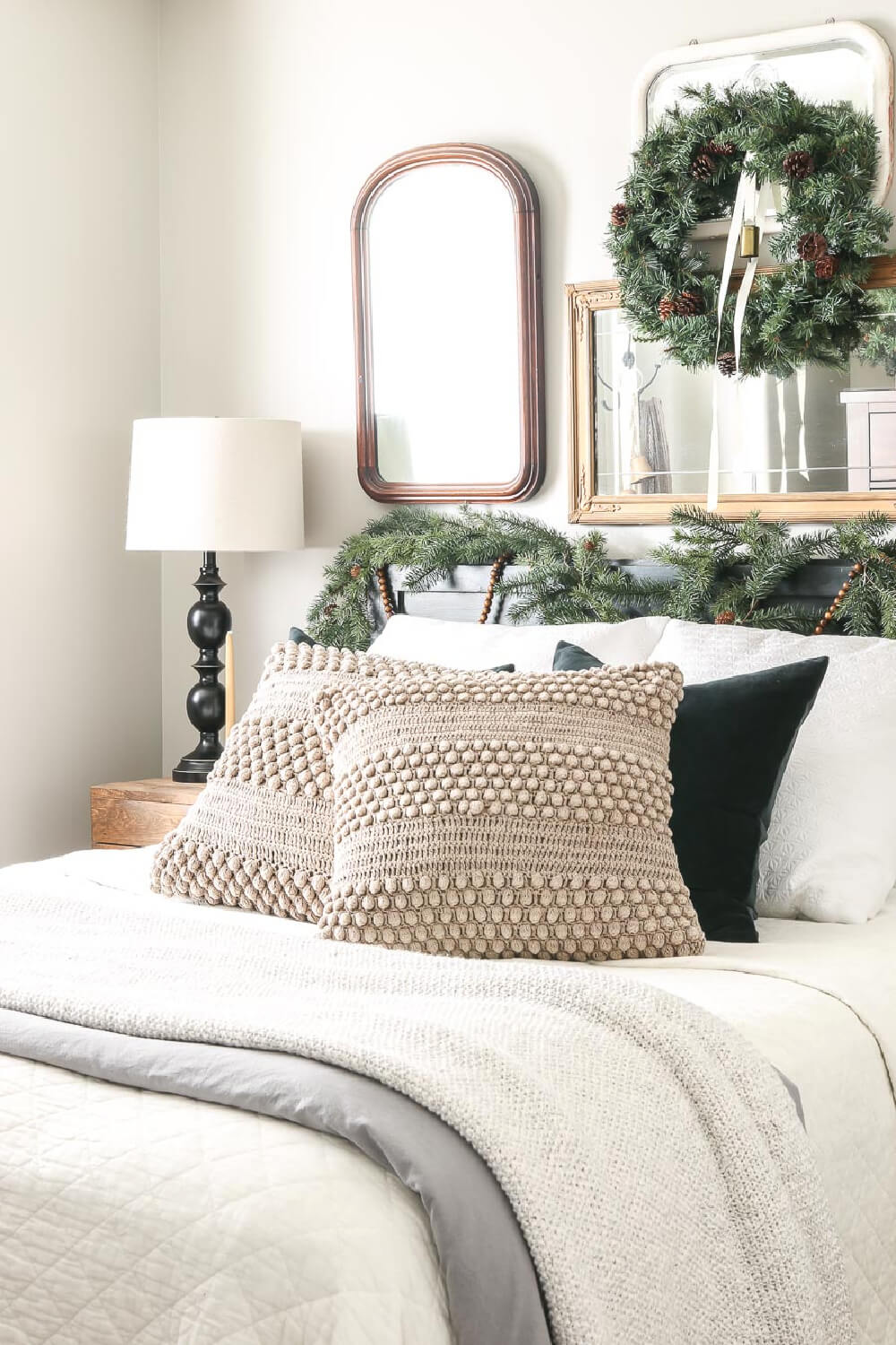 A guest bedroom decorated for the holiday season