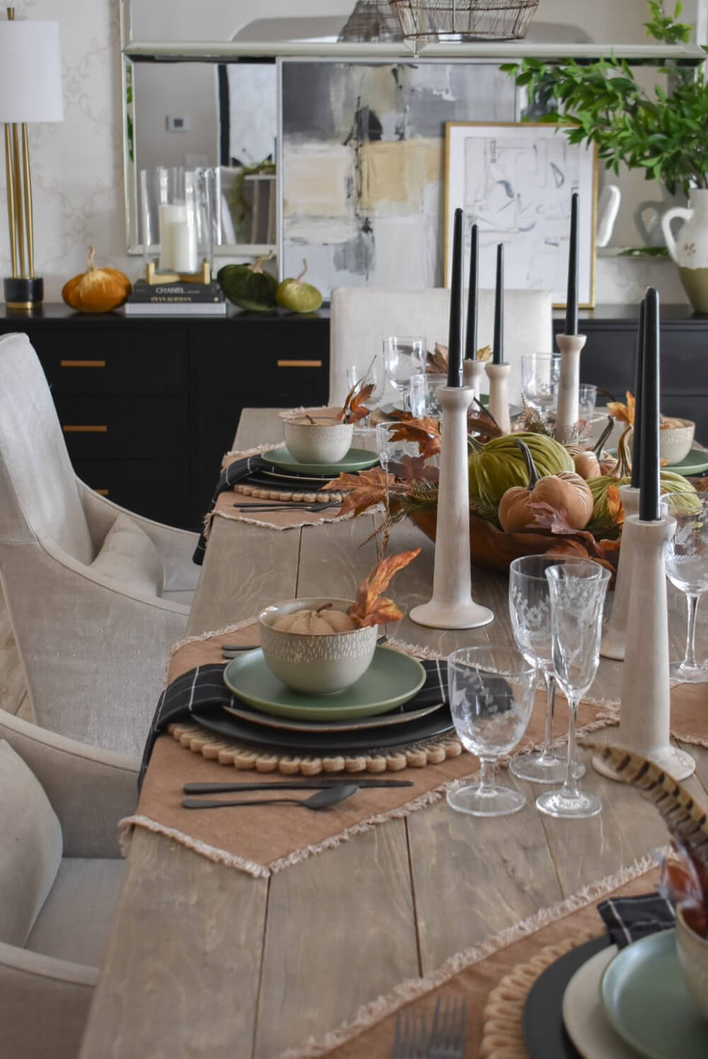 In The Love Of Home Files #4, a tablescape for the holiday with velvet pumpkins and upholstered chairs