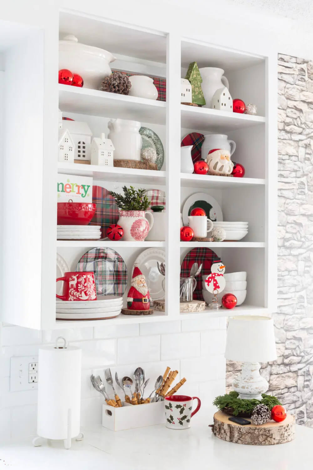 A red and white holiday decorating theme