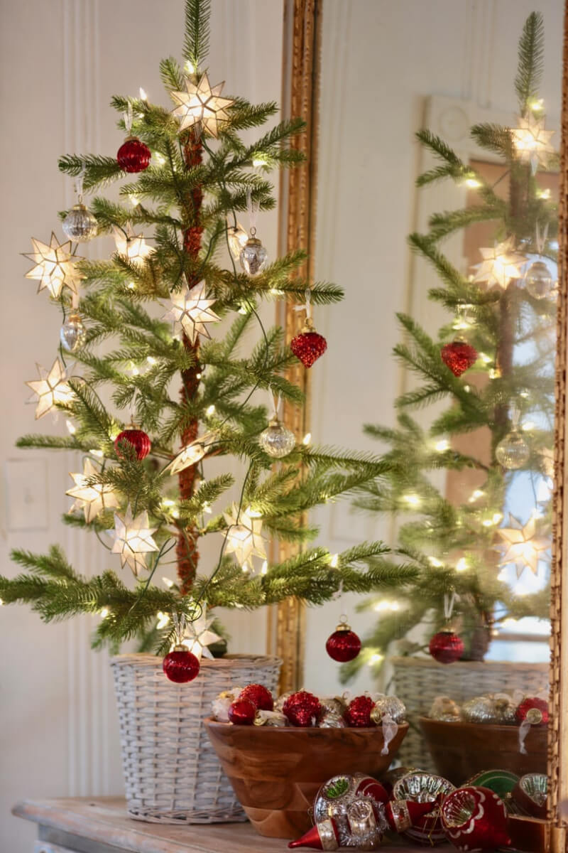 A lovely small tree with clear stars, and red, gold and silver ornaments.