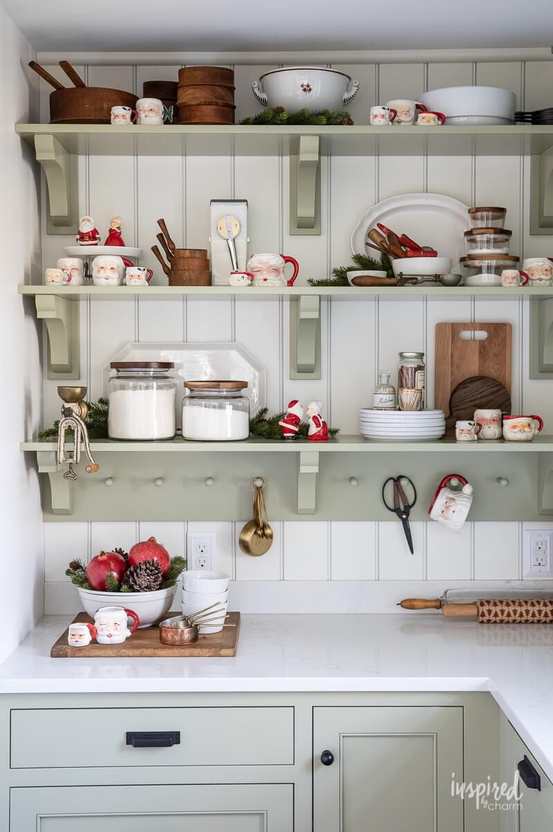 A traditional wall of shelves with a red and white theme