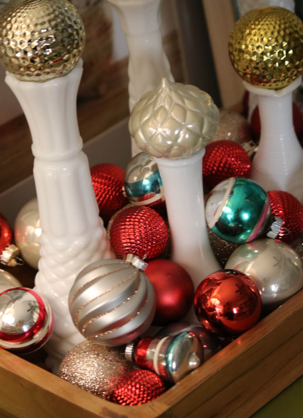 In Milk Glass & Ornament Christmas Display, this is a close up of one side of my dining room