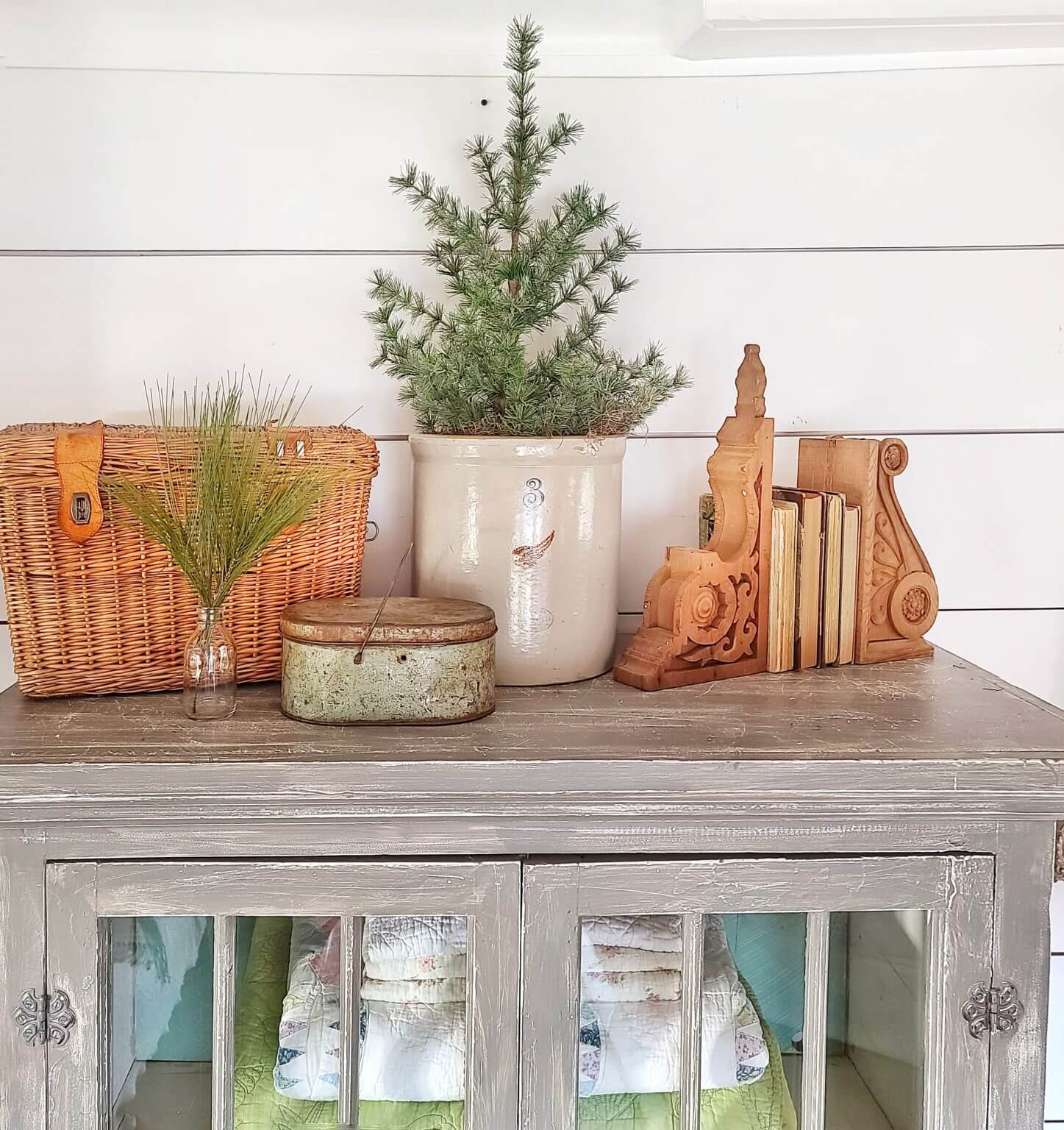 The Love Of Home Files #12: Decorate With Vintage Finds such as old crocks, baskets, tins, corbels and books
